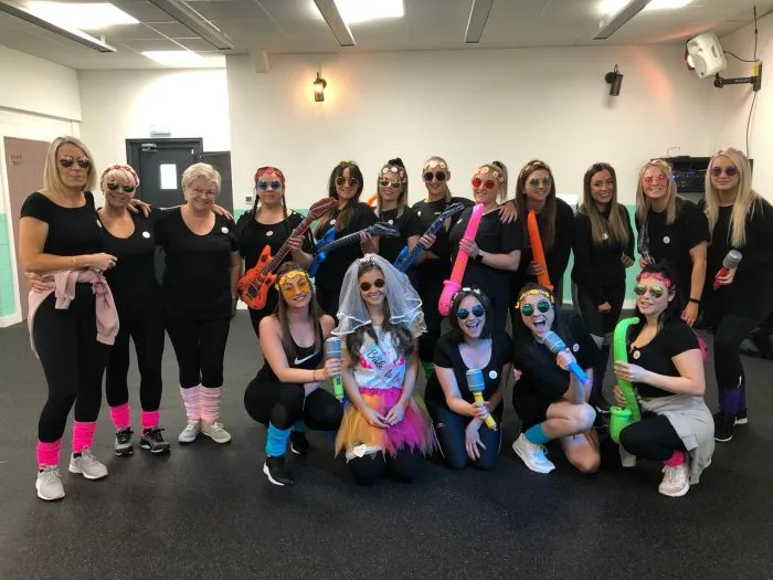 Hen party group dancing at an 80s dance class in Bradford