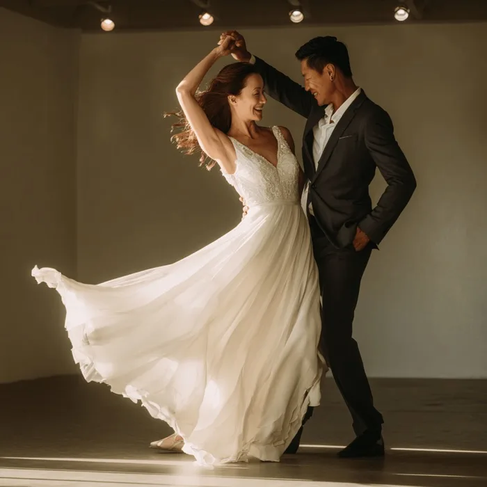 Wedding dance lessons Edinburgh — couple practising their first dance